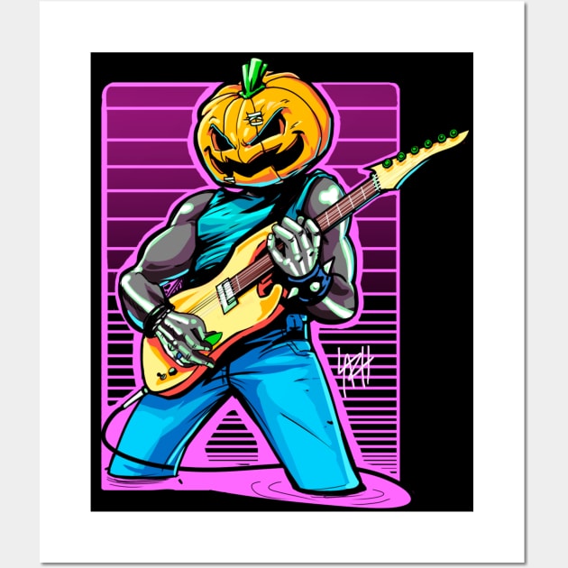 Skeletal Serenade: Jack-o'-Lantern Strumming in Blues Wall Art by SeleneWitchStore